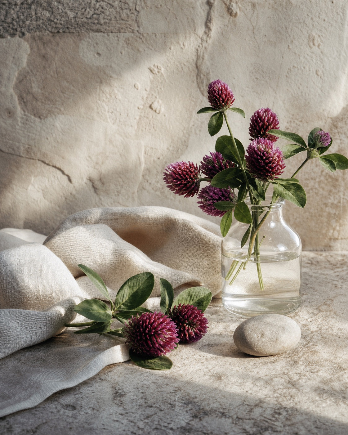 Red clover and Anatolian stone still life for considered mature skin care