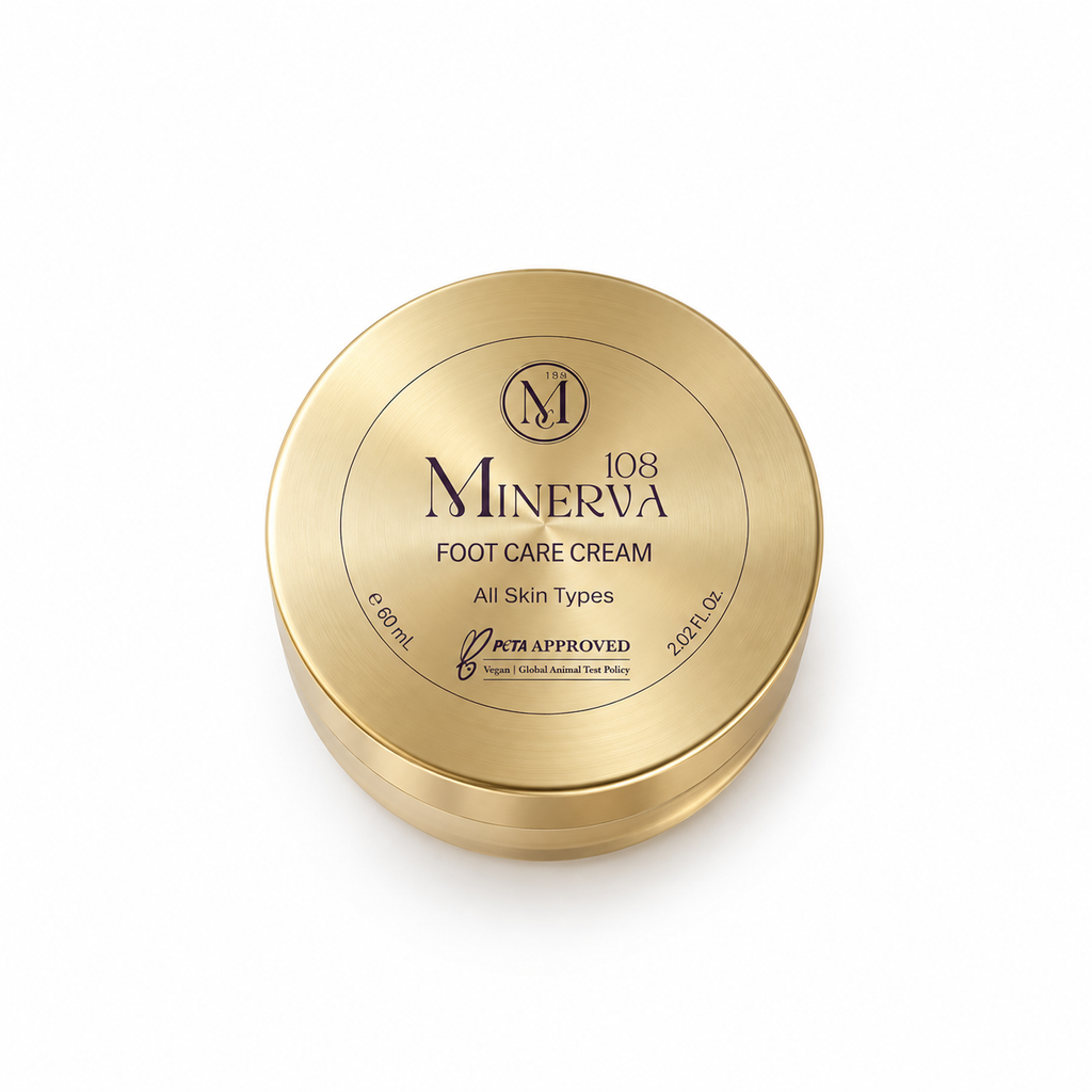 Minerva108 Intensive Foot Care Cream — gold round tin, angled view showing lid and side