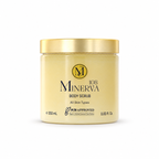 Minerva108 Body Scrub — 350 ml jar with gold lid, front view
