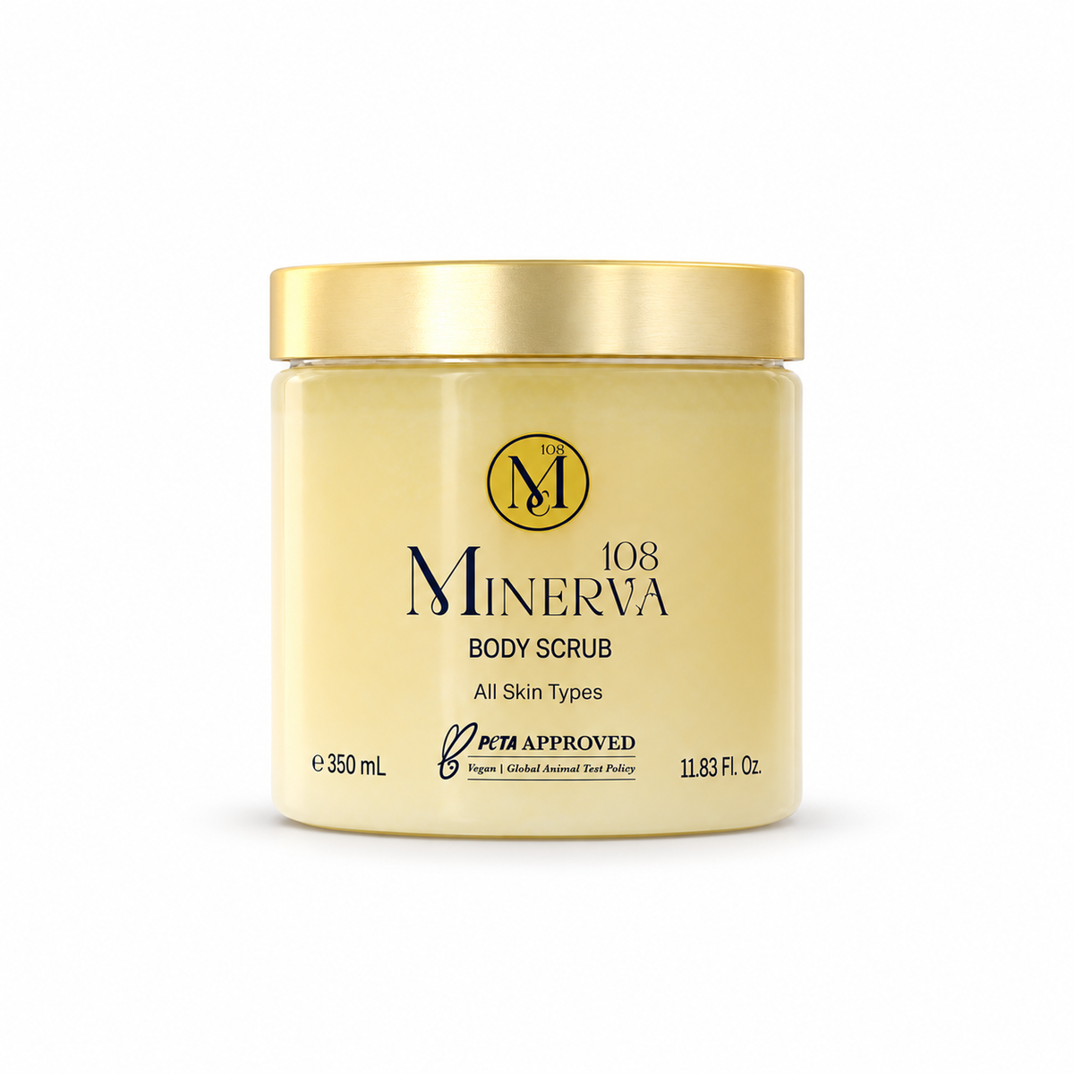 Minerva108 Body Scrub — 350 ml jar with gold lid, front view