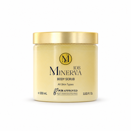 Minerva108 Body Scrub — 350 ml jar with gold lid, front view