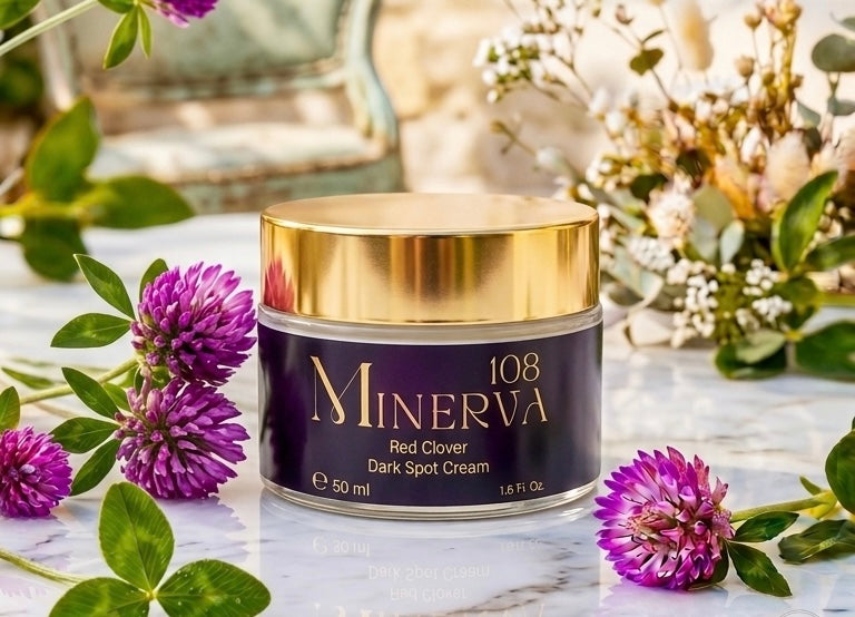 Minerva108 Red Clover Dark Spot Cream 50 ml with red clover on marble