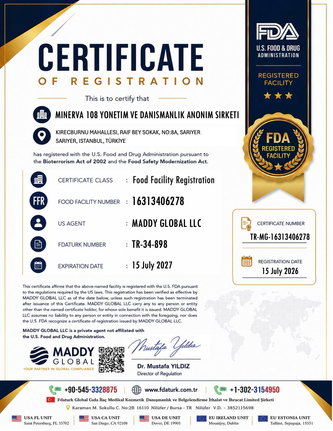 FDA Food Facility Registration certificate