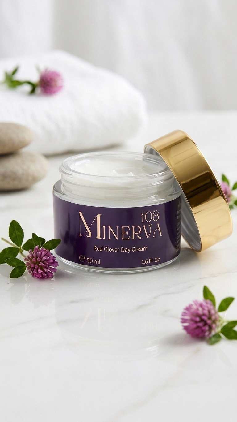Minerva108 Red Clover Day Cream 50 ml, açık kavanoz, krem dokusu görünür