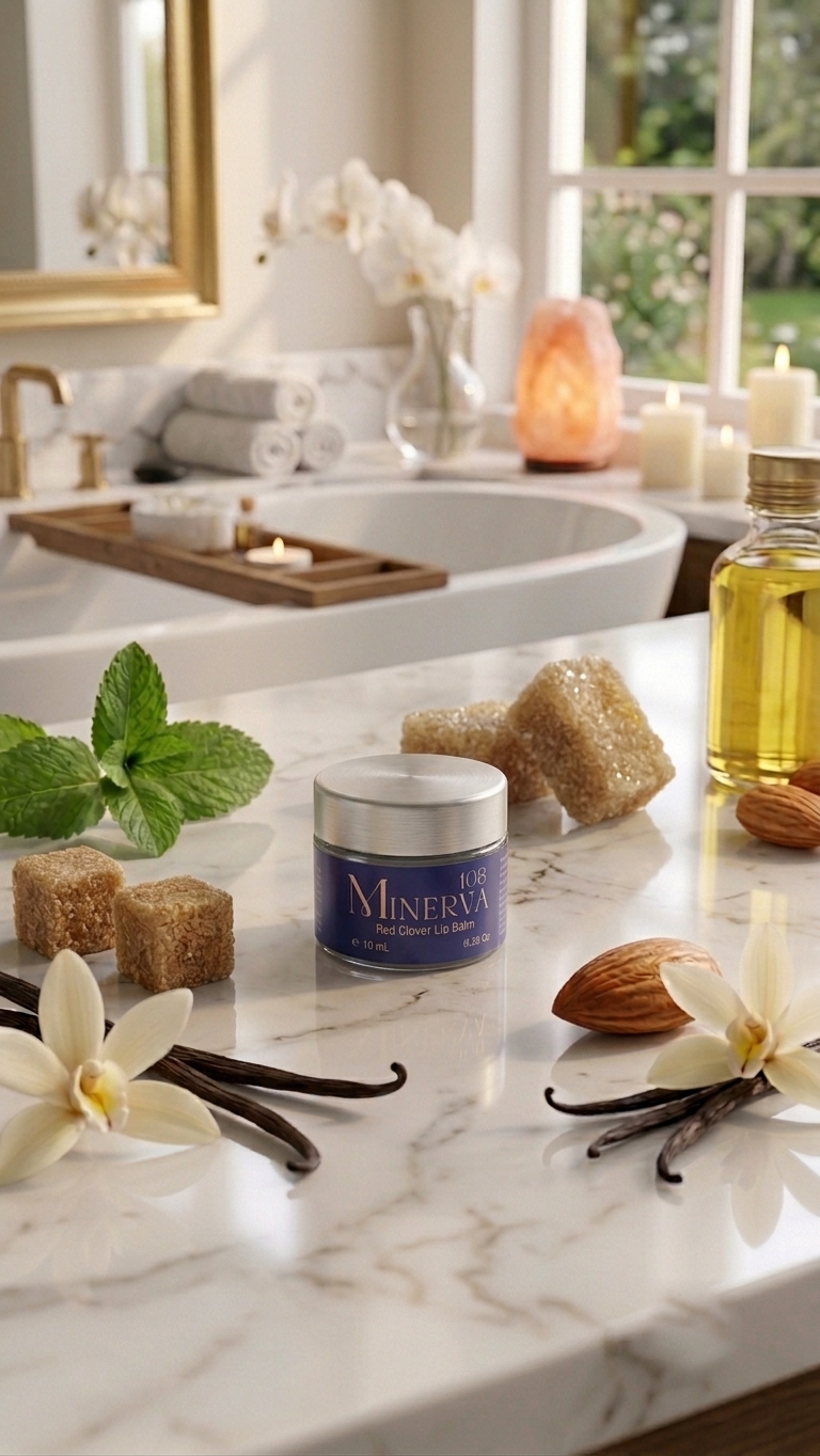 Minerva108 Red Clover Lip Balm 10 g jar on marble vanity
