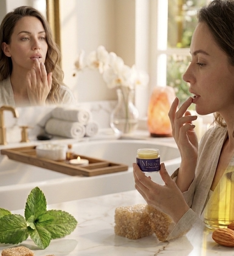 Woman applying Minerva108 Red Clover Lip Balm