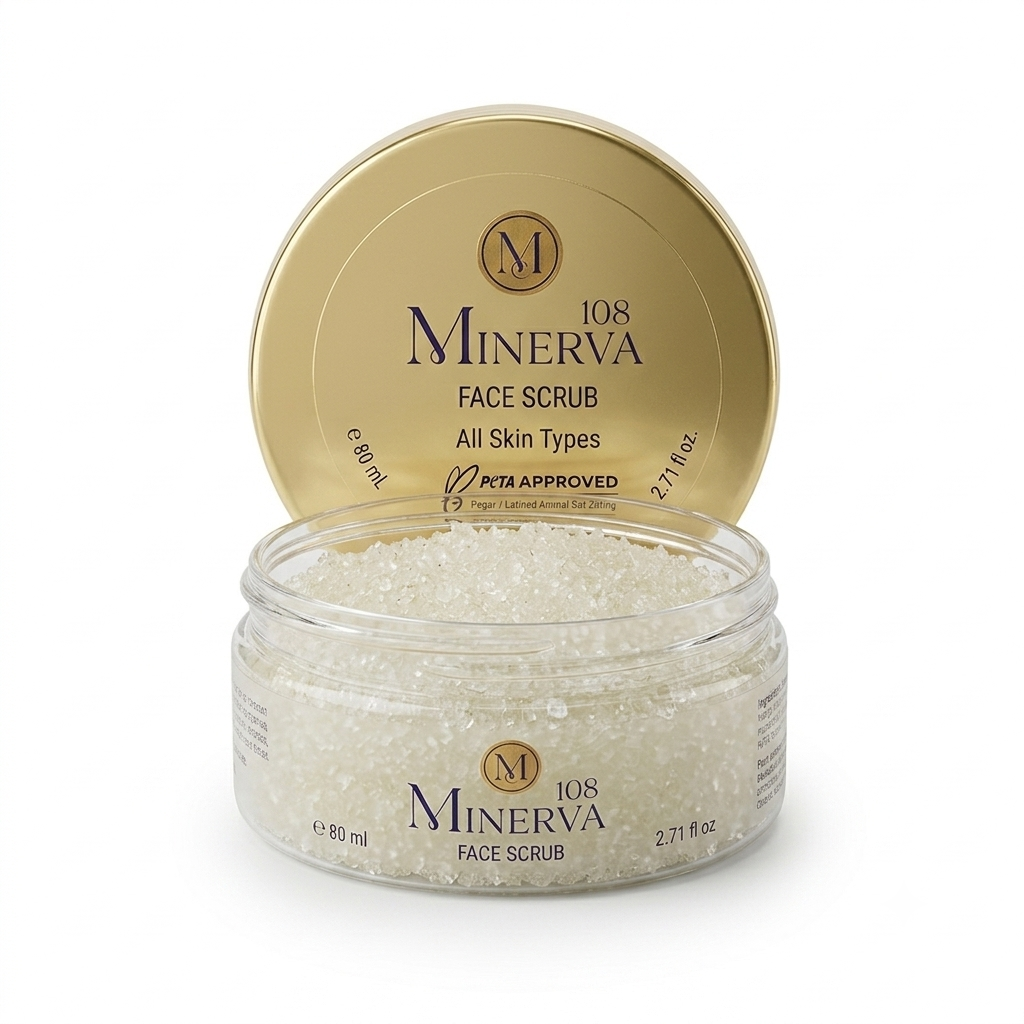 Minerva108 Face Scrub, open jar showing texture