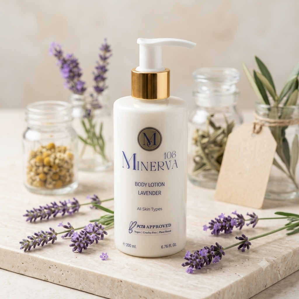 Minerva108 vegan lavender body lotion long lasting hydrating body moisturizer cruelty free peta approved 200ml