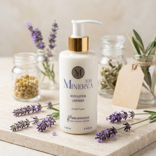 Minerva108 vegan lavender body lotion long lasting hydrating body moisturizer cruelty free peta approved 200ml