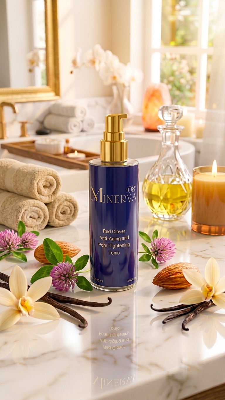 Minerva108 Red Clover Tonic on marble vanity with red clover
